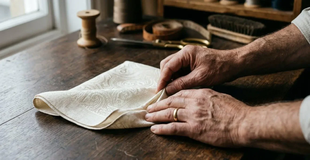 Mains expertes pliant une pochette de costume sur une surface en bois