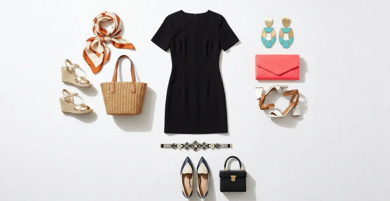 Composition élégante montrant une robe noire avec des accessoires colorés disposés artistiquement