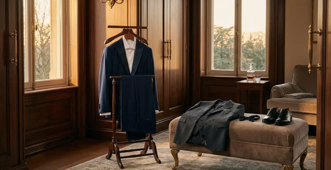 Vestiaire élégant avec smoking suspendu et costume posé, éclairage doré du crépuscule