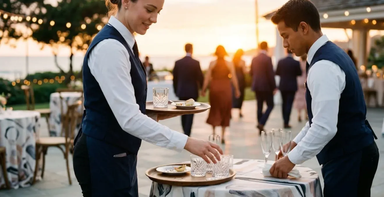 Personnel de service rangeant délicatement les buffets lors de la transition du vin d'honneur