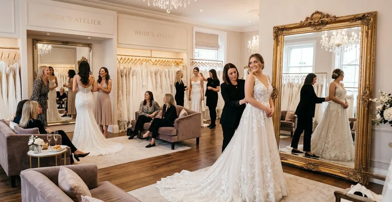 Showroom de ventes privées avec robes de créateurs et futures mariées en essayage