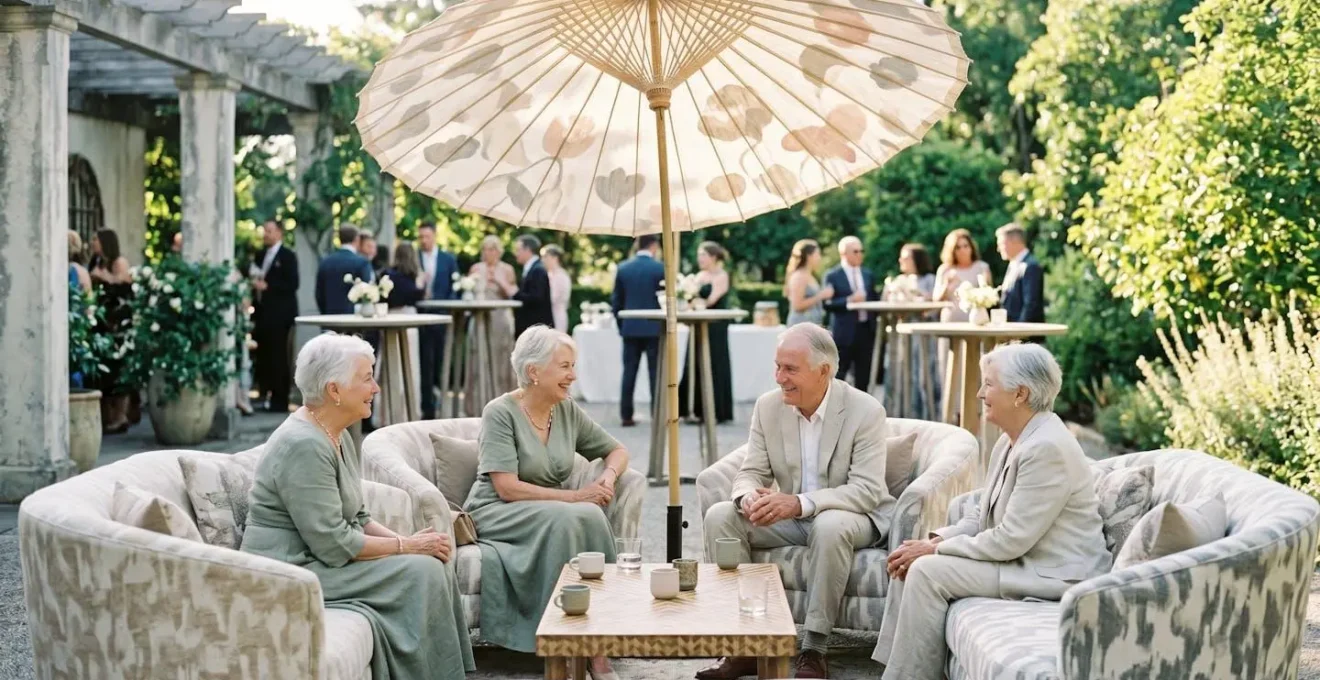 Espace lounge confortable avec fauteuils pour les invités seniors lors d'un vin d'honneur