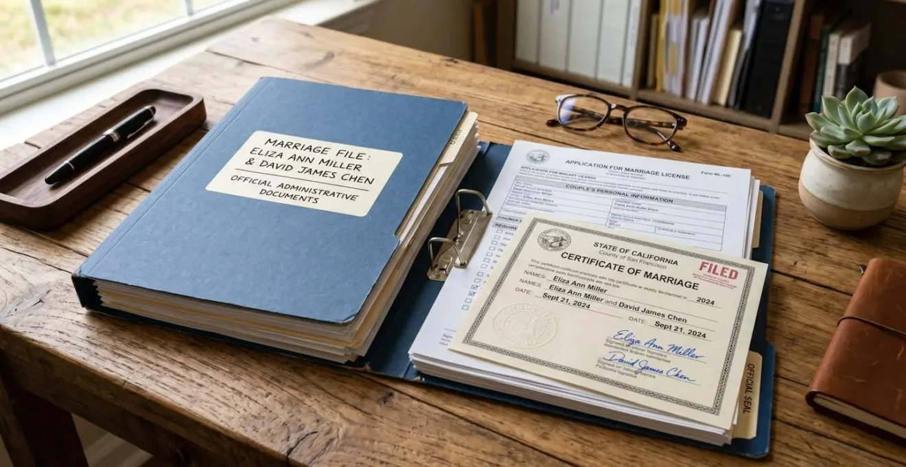 Dossier de mariage avec documents administratifs organisés sur bureau en bois