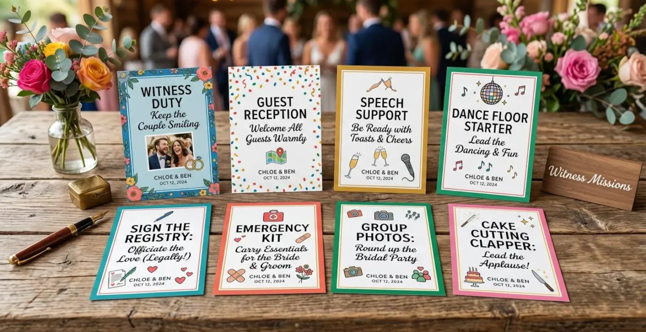 Cartes de mission colorées pour témoins de mariage disposées sur table en bois