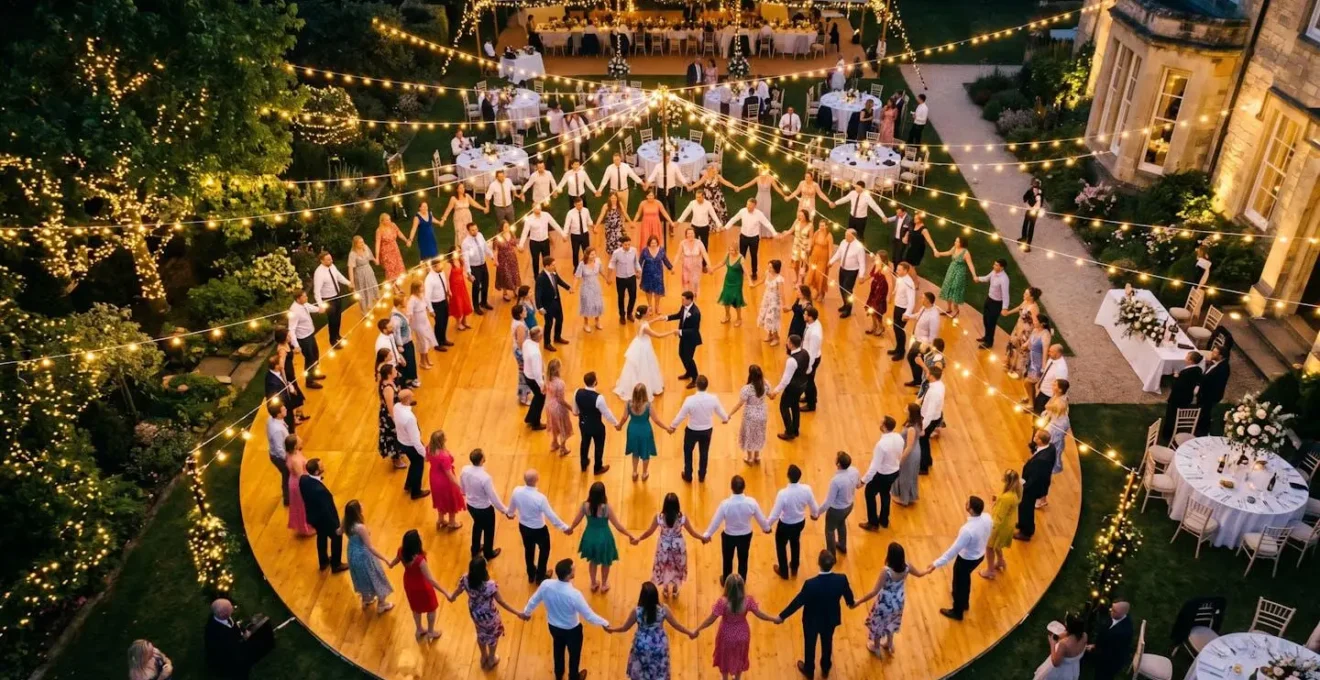Vue aérienne d'une piste de danse de mariage avec invités dansant en cercles concentriques