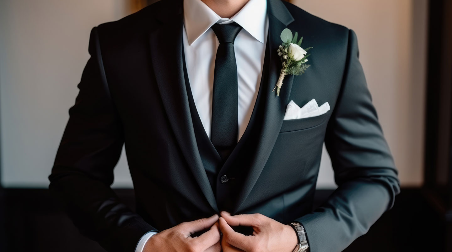 Composition à plat d'accessoires de costume de mariage sur surface en marbre blanc : chemise blanche, nœud papillon en soie bleu marine, pochette blanche bordée de bleu marine