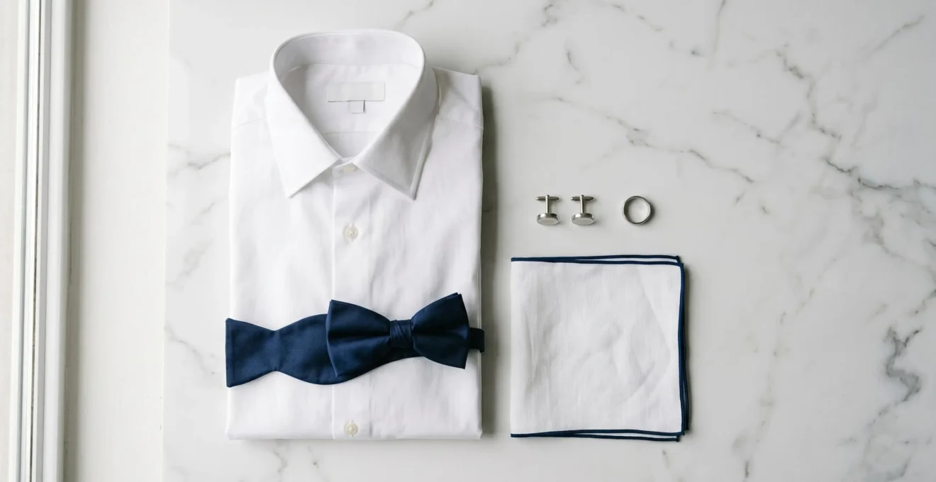 Composition à plat d'accessoires de costume de mariage sur surface en marbre blanc : chemise blanche, nœud papillon en soie bleu marine, pochette blanche bordée de bleu marine