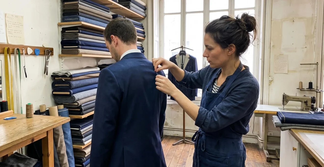 Tailleur ajustant les épaules d'une veste de costume de mariage bleu marine sur un client vu de dos dans un atelier parisien
