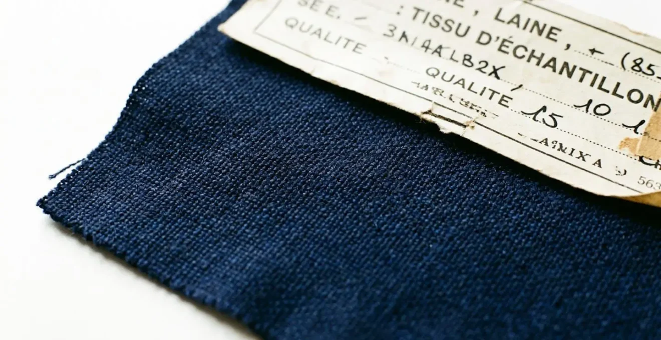Gros plan sur un échantillon de tissu en laine haut de gamme bleu marine montrant la texture fine de l'armure et le lustre naturel